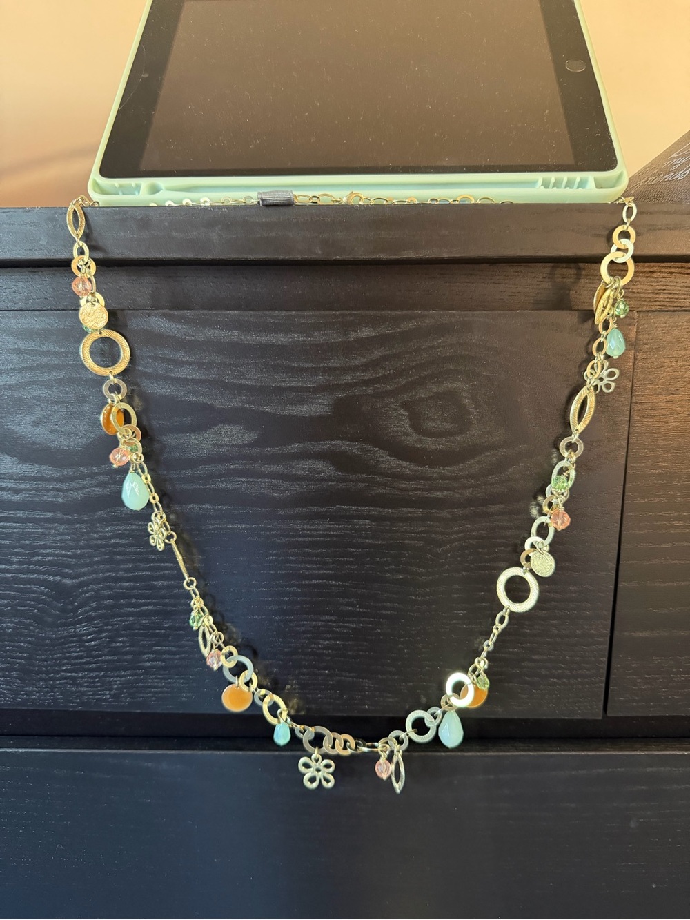 Anthropologie Gold-Tone Necklace with Mint and Peach Beads